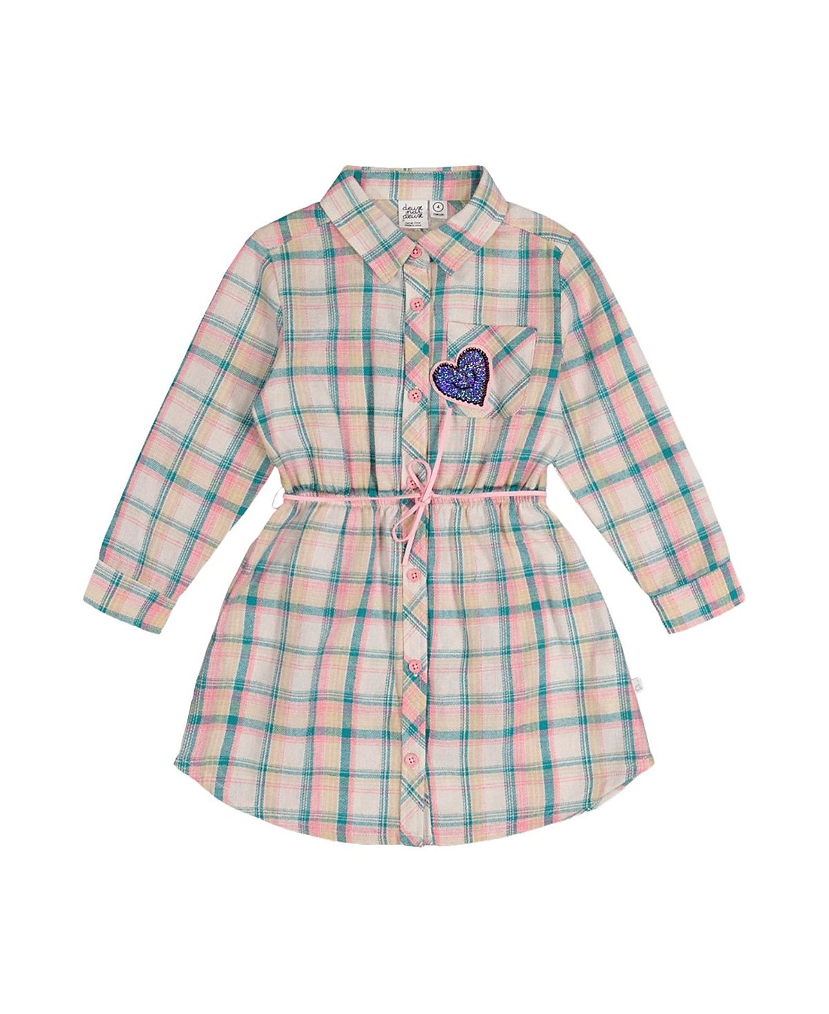 Deux par Deux Girls' Classic Preppy Belted Long Sleeve Shirt Dress - Big Kid