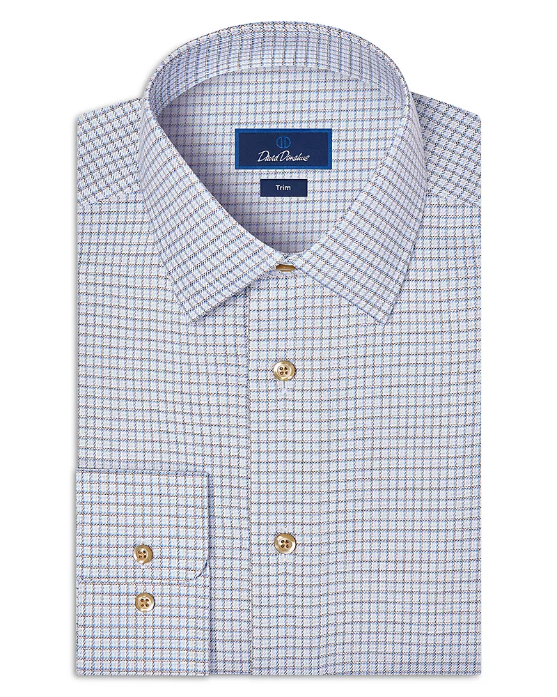David Donahue Trim Fit Twill Check Cotton Dress Shirt
