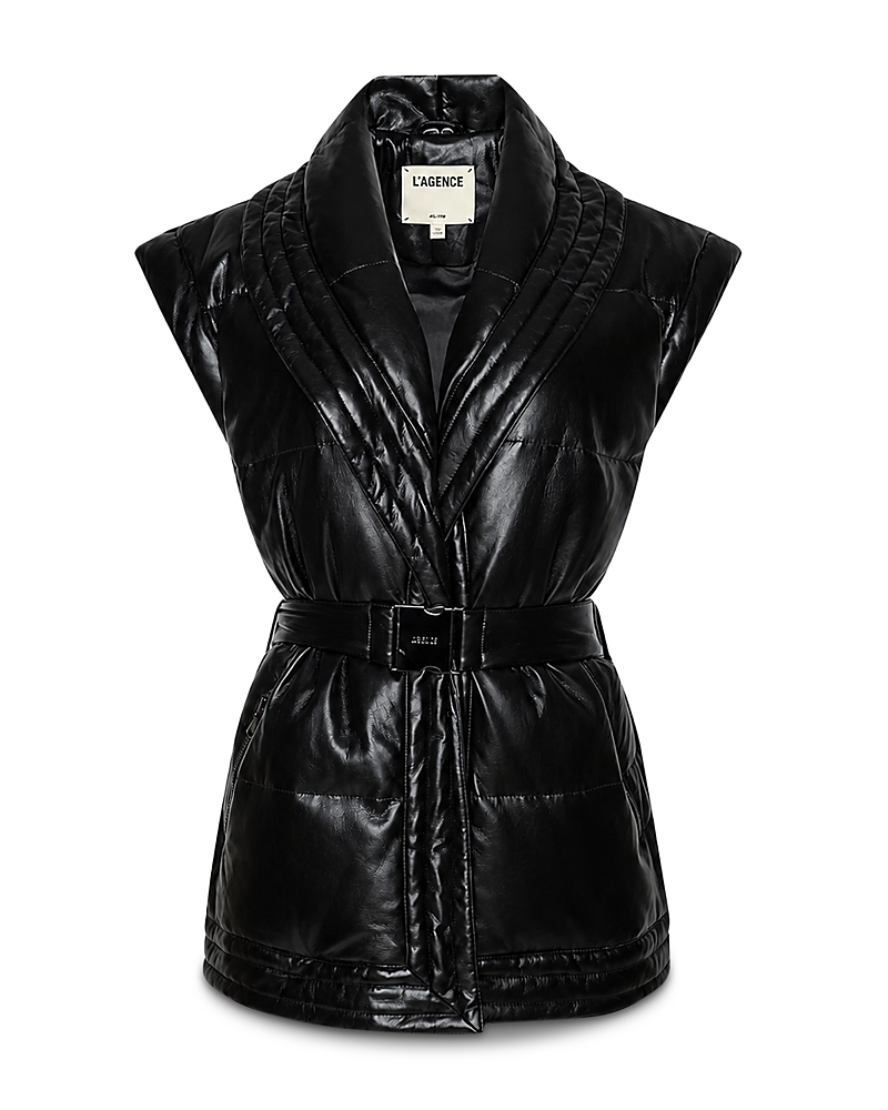 L'Agence Ignis Puffer Belted Faux Leather Down Vest