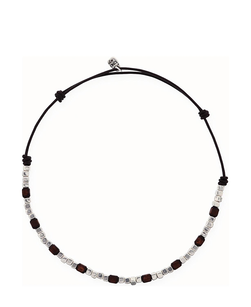 UNOde50 Leather Necklace with Silver and Wood Beads