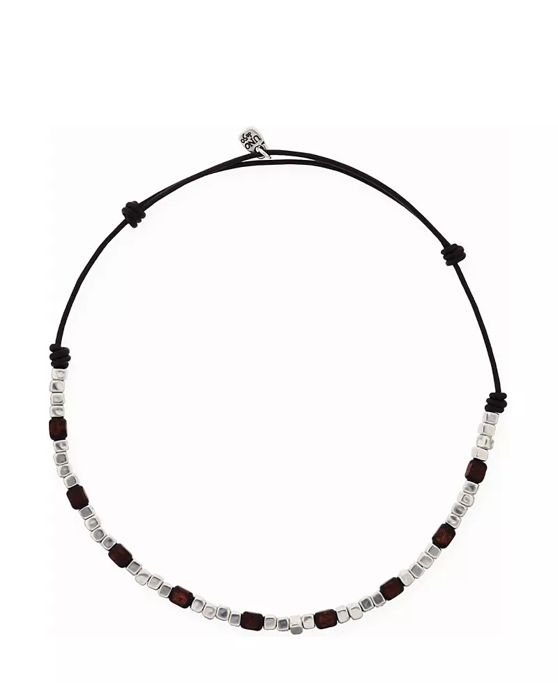 UNOde50 Leather Necklace with Silver and Wood Beads