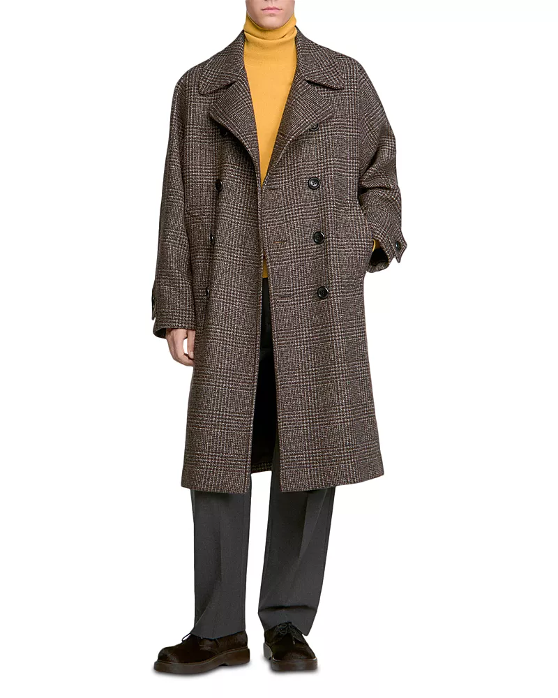 Sandro Otto Lapel Collar Wool Blend Check Coat