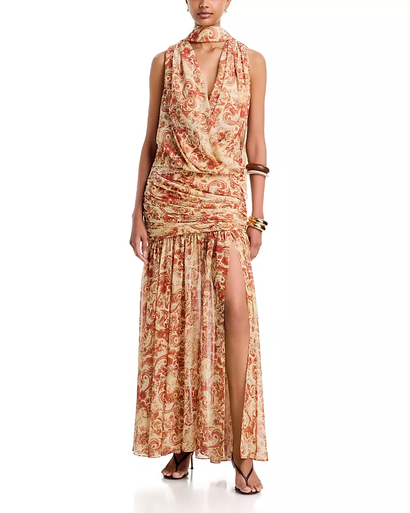 De La Vali Draped Scarf Neck Maxi Dress