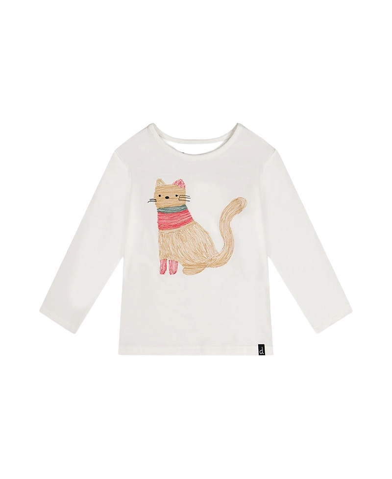 Deux par Deux Girls' Organic Cotton Cat Embroidered Long Sleeve T-Shirt - Little Kid