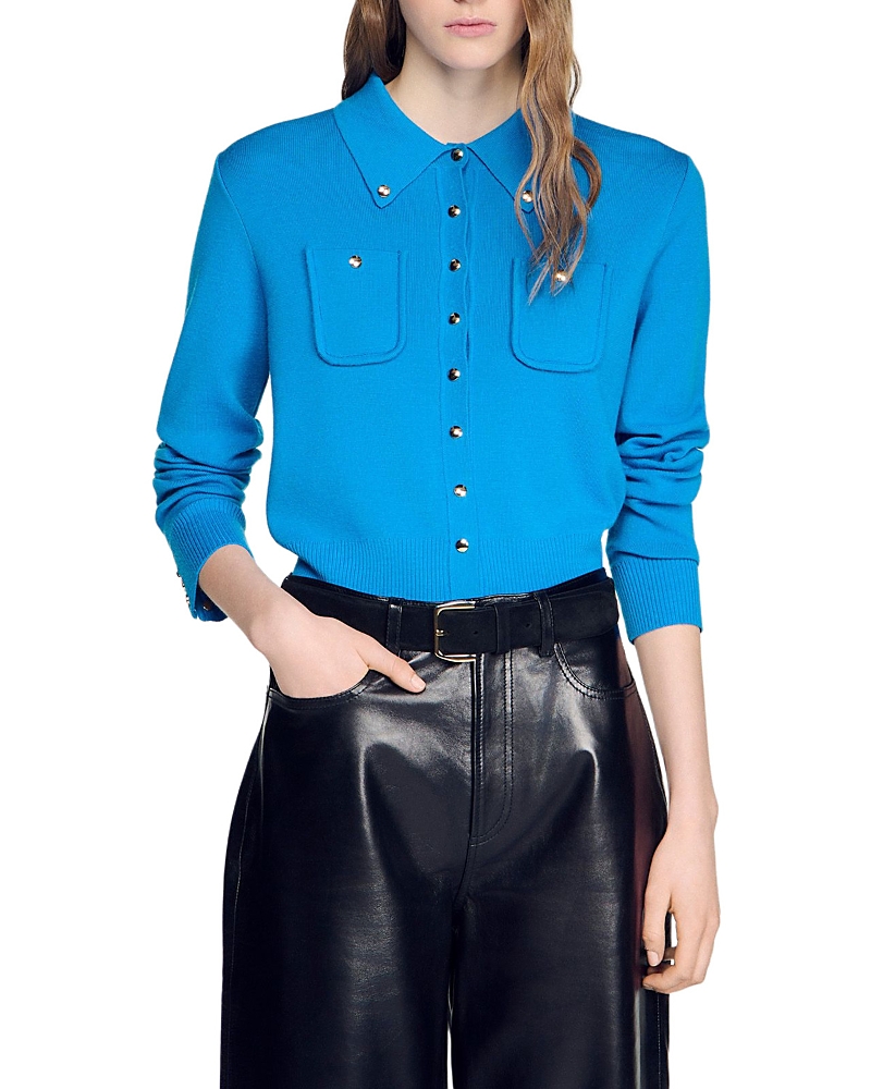Sandro Jessica Wool Blend Shirt Collar Cardigan