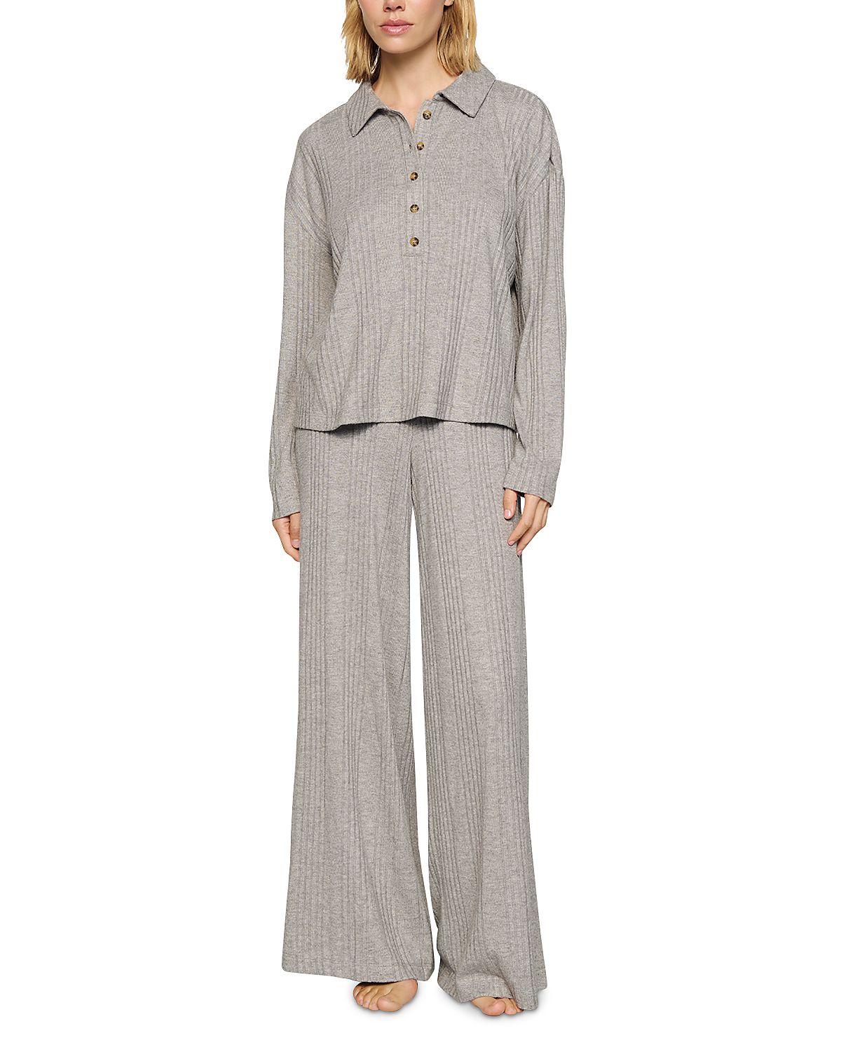 Eberjey Variegated Rib Long Sleeve Polo Top