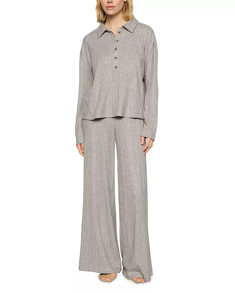 Eberjey Variegated Rib Long Sleeve Polo Top