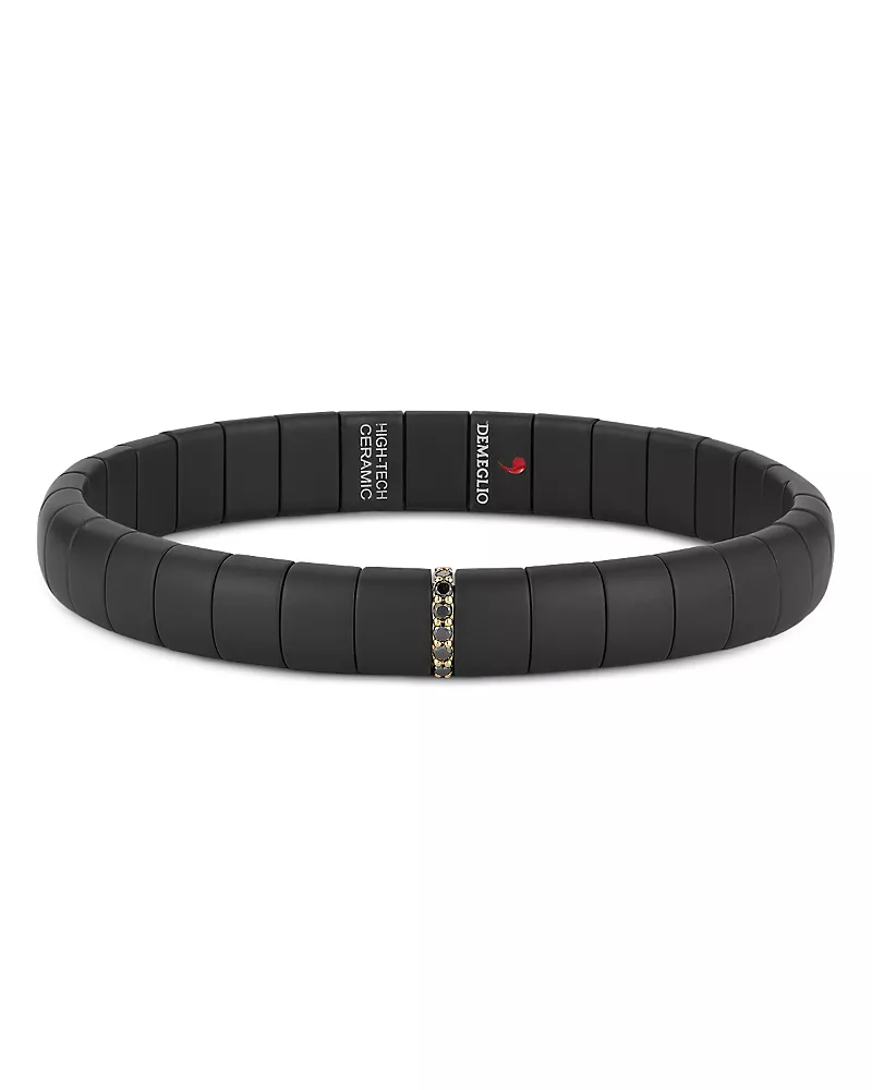 Demeglio 18K Yellow Gold Pura Black Diamond Matte Ceramic Stretch Bracelet, 0.11 tcw