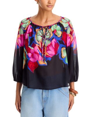 Monaco Tie Neck Cotton & Silk Peasant Blouse