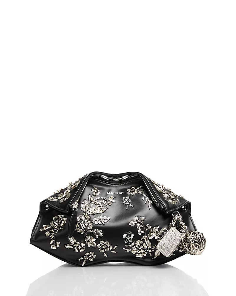 McQueen Floral Embroidery Leather Shoulder Bag