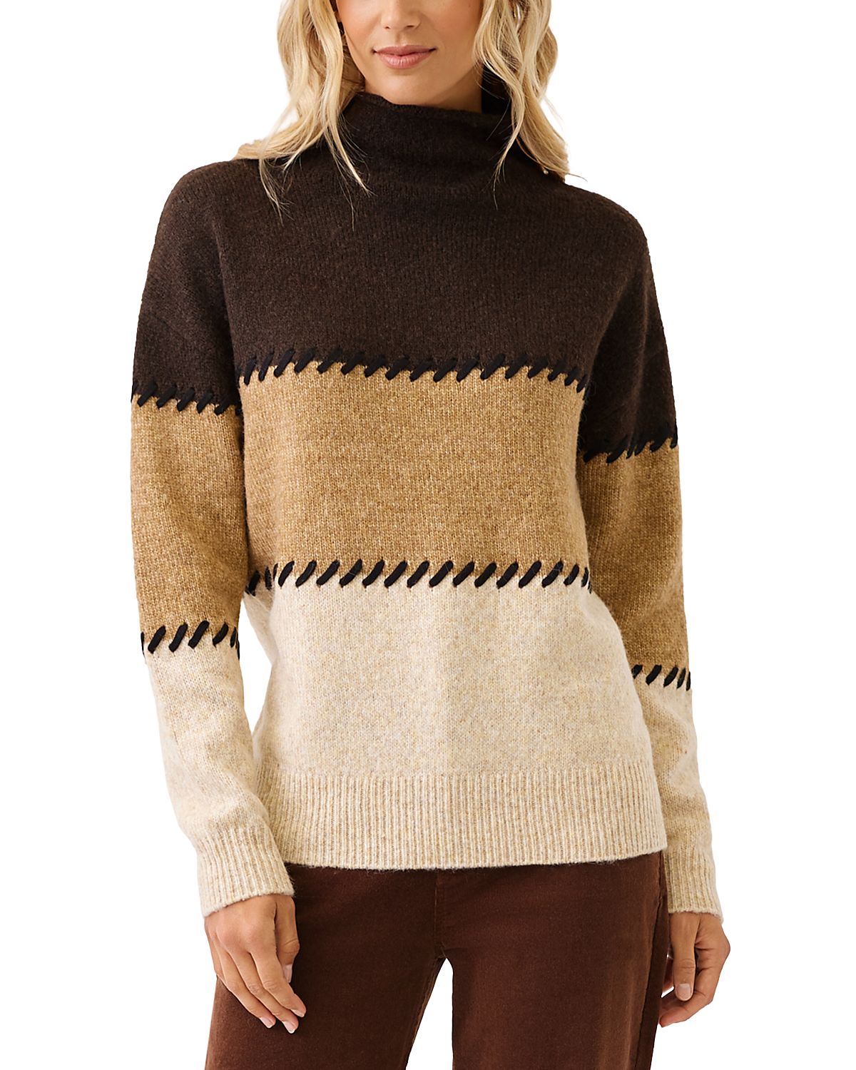 Karen Kane Contrast Stitch Mock Neck Colorblock Sweater