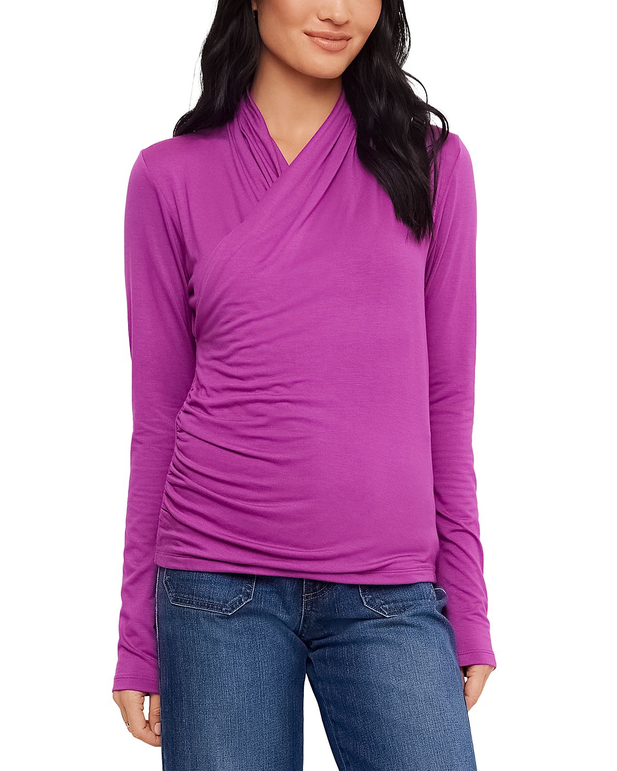 Karen Kane Crossover Side Shirred Long Sleeve Top