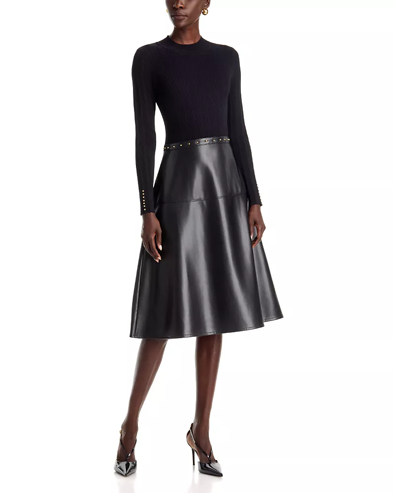 T Tahari Mock Neck Mixed Media Studded Dress