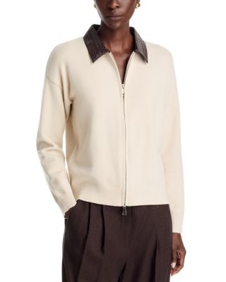 Faux Leather Collar Zip Front Jacket
