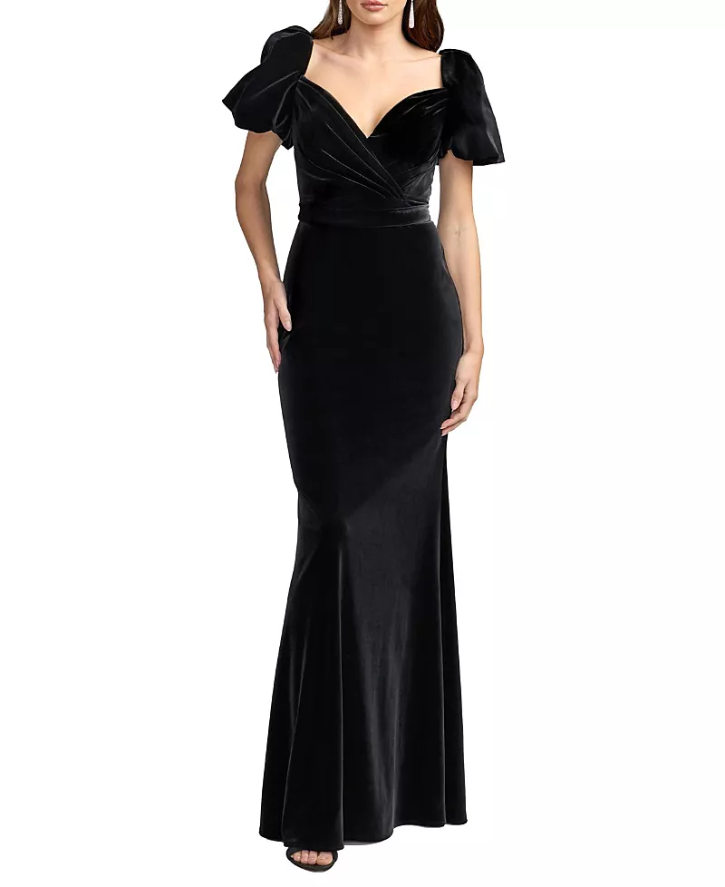 Mac Duggal Velvet Puff Sleeve Mermaid Gown