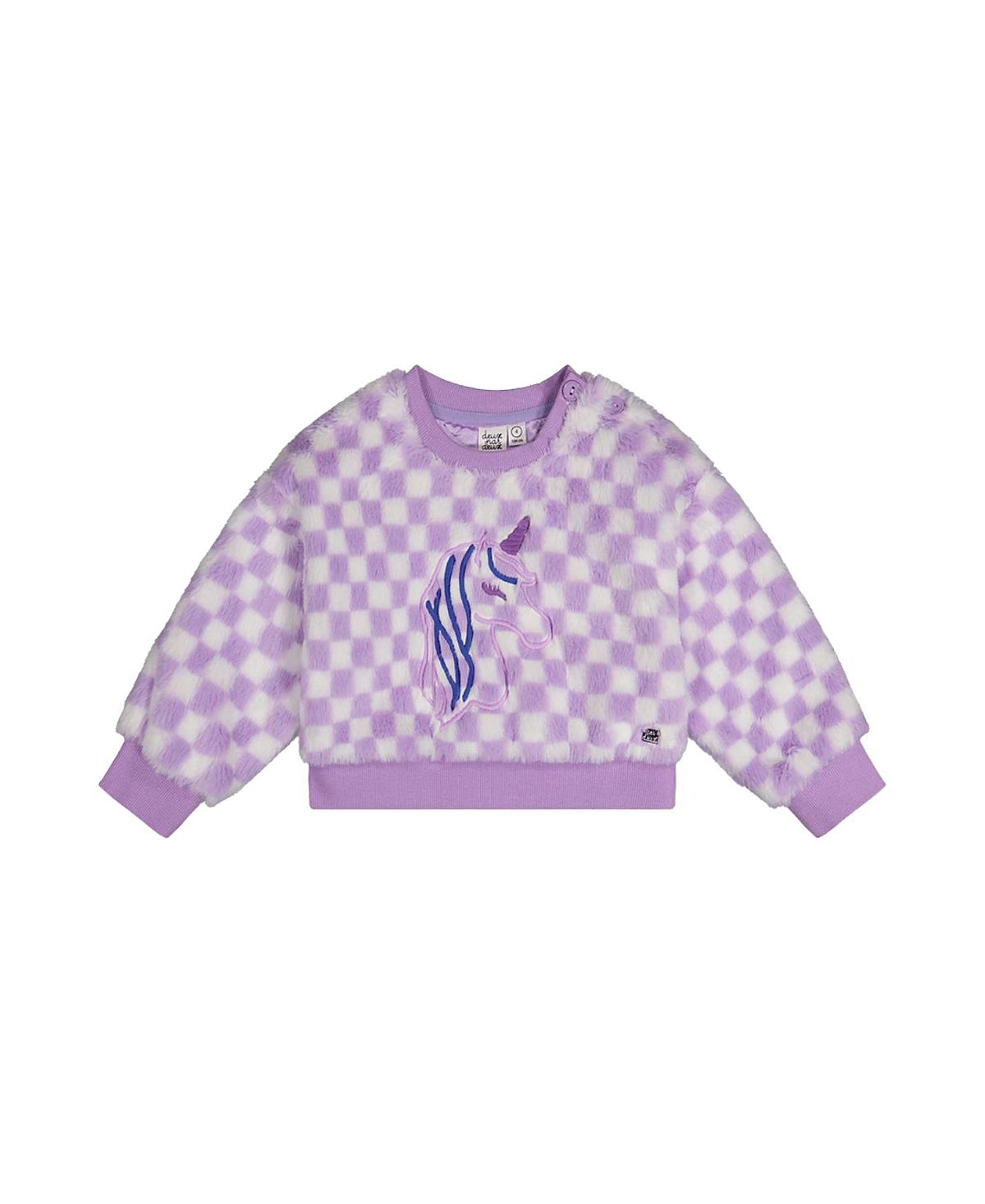 Deux par Deux Girls' Checkered Embroidered Faux Fur Top - Big Kid