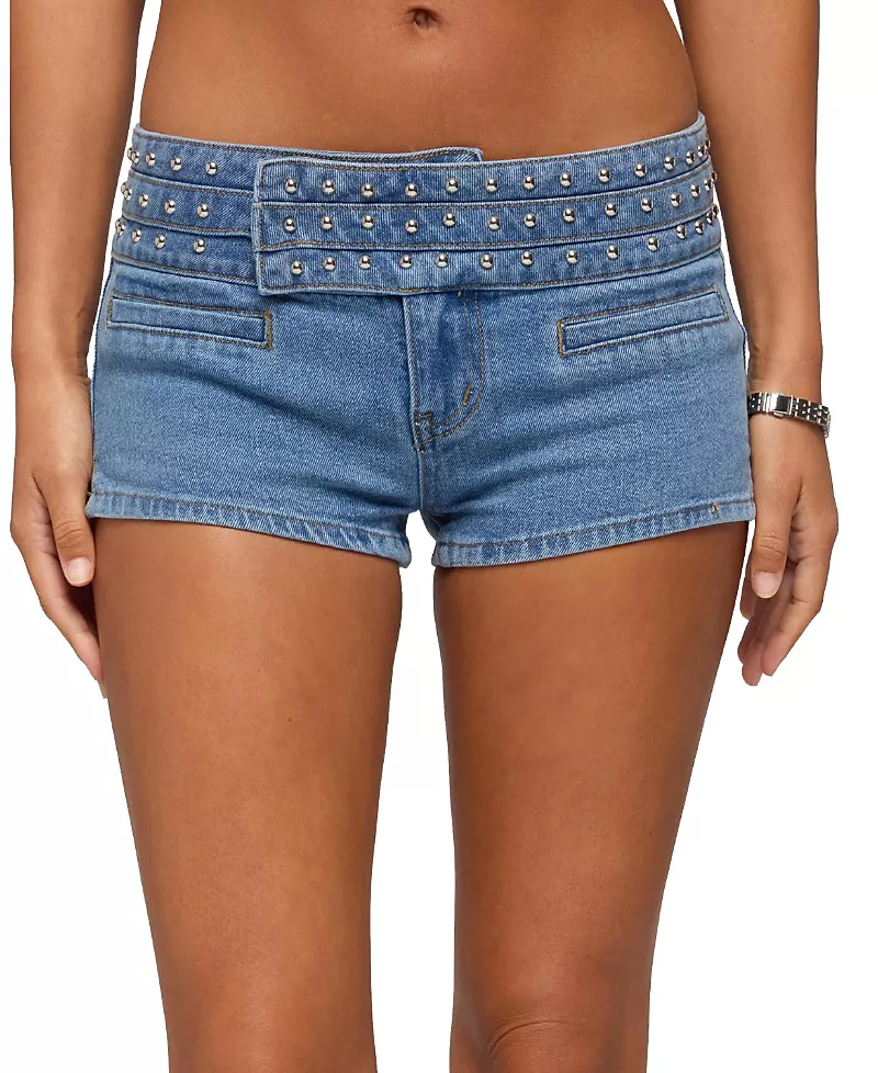 Edikted Odetta Studded Low Rise Denim Shorts