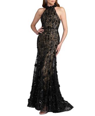Mac Duggal Lace Embellished Sleeveless Halter Neck Gown