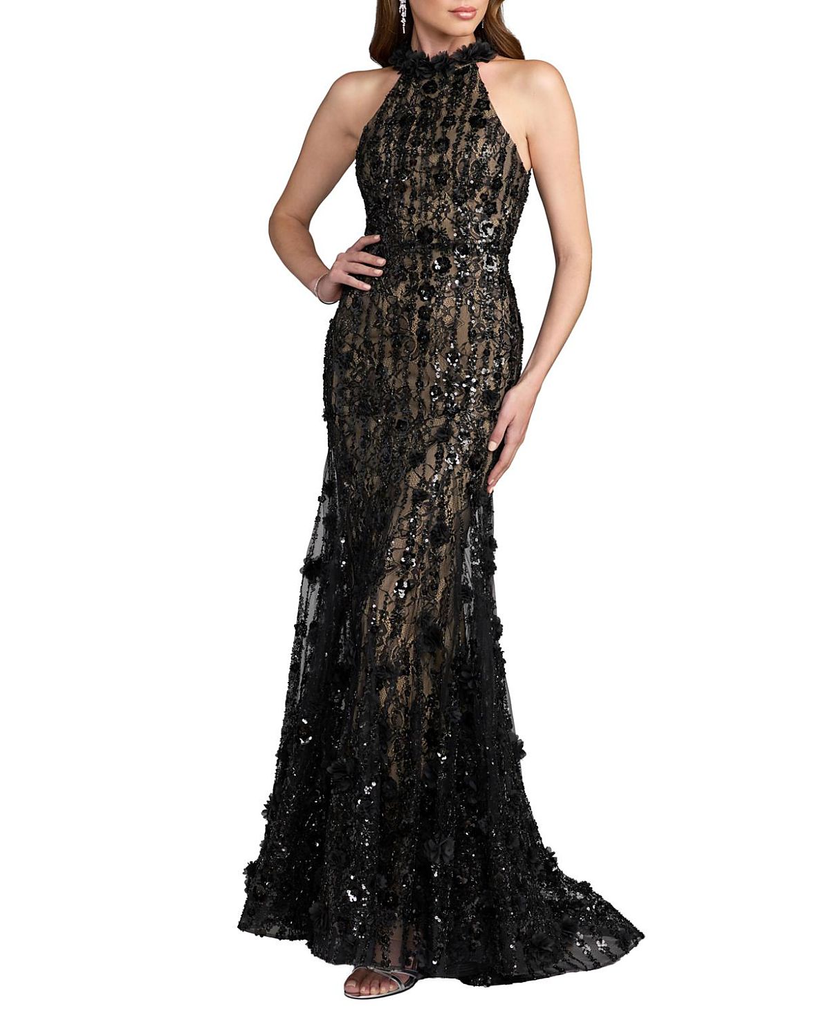 Mac Duggal Lace Embellished Sleeveless Halter Neck Gown
