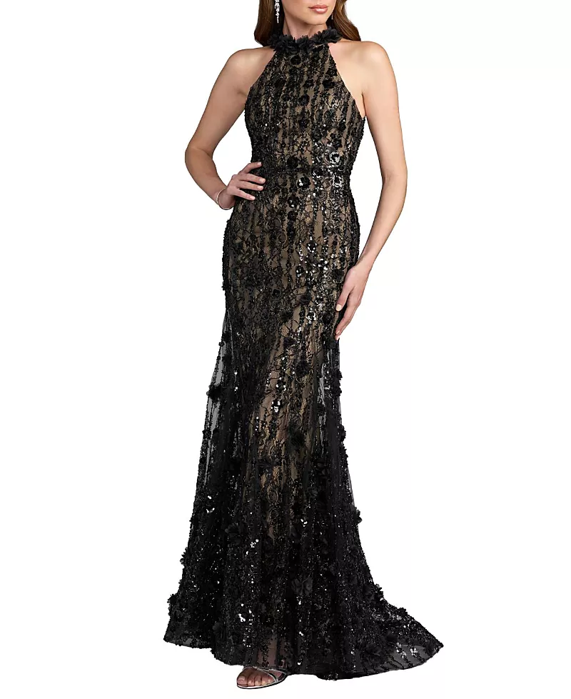 Mac Duggal Lace Embellished Sleeveless Halter Neck Gown