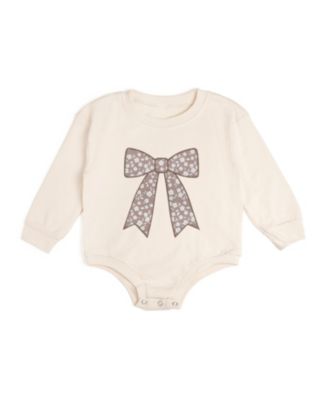 Girls' Mocha Floral Bow Patch Long Sleeve Romper - Baby