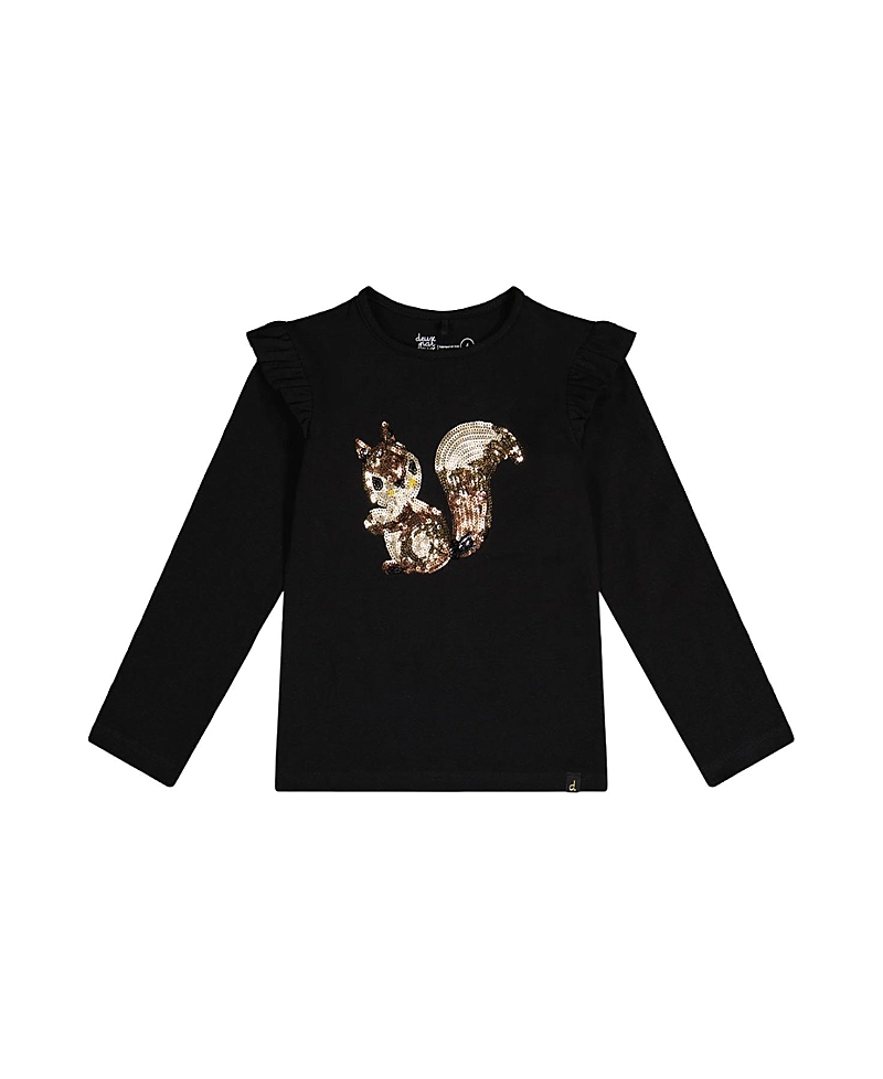 Deux par Deux Girls' Organic Cotton Sequin Squirrel Ruffle Shoulder T-Shirt - Big Kid