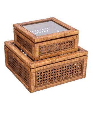  Modern Decorative Square Woven Rattan and Wood Display Boxes with Glass Top, Set of 2 Sizes