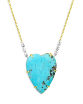 14K White & Yellow Gold Turquoise & Diamond Heart Pendant Necklace, 16-18"