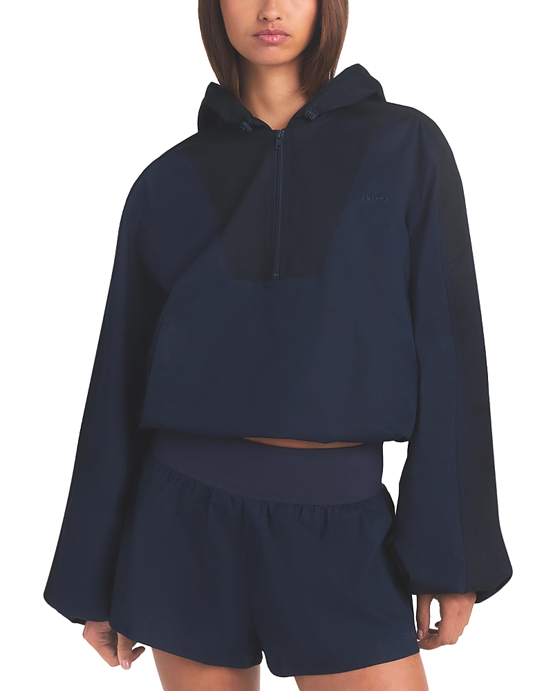 Skims Woven Cotton Half Zip Pullover In Blue