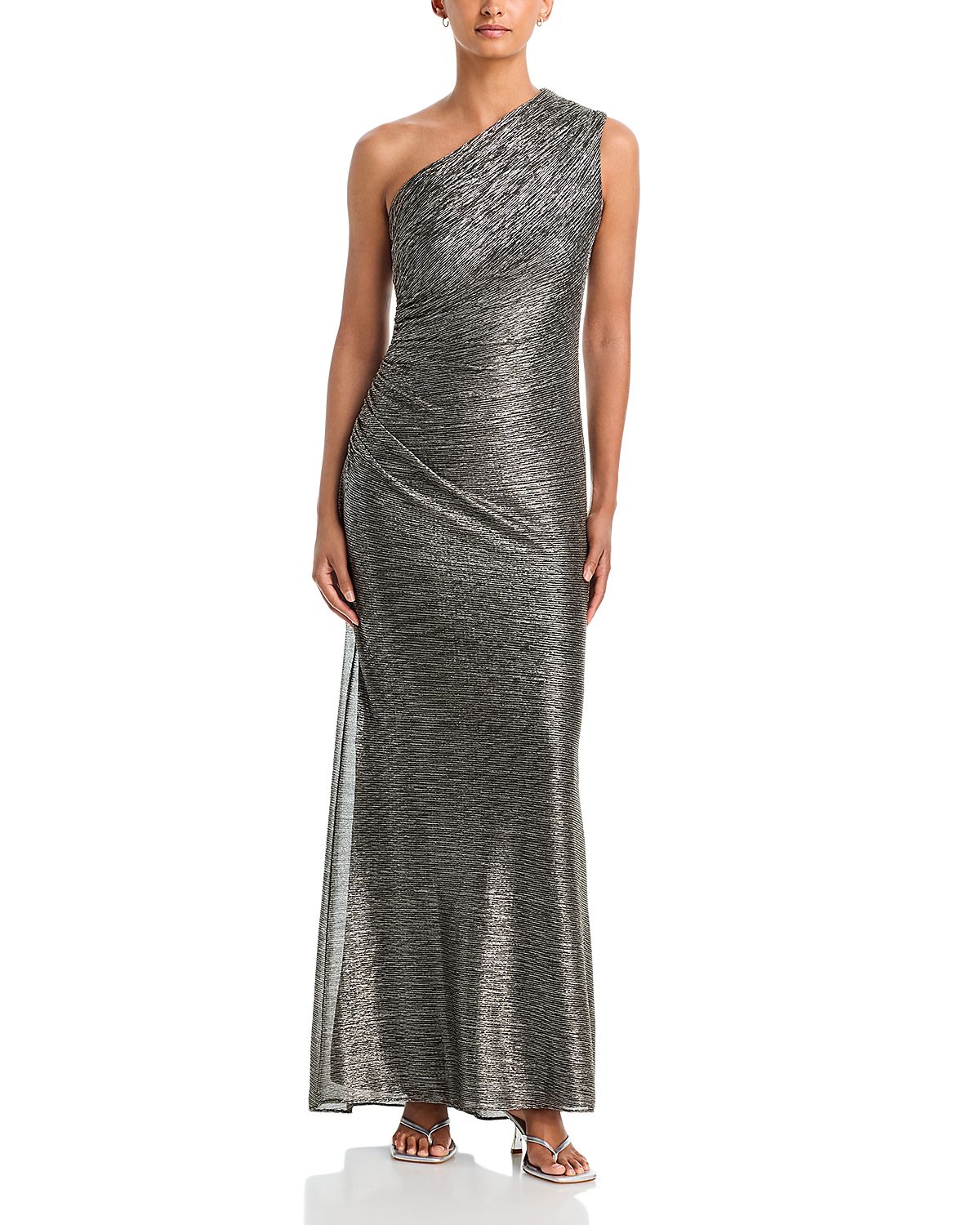 Aqua Glaxy Side Pleat Asymmetric Neck Gown - Exclusive