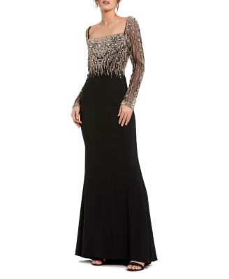 Mac Duggal Petite Beaded Square Neck Long Sleeve Jersey Gown