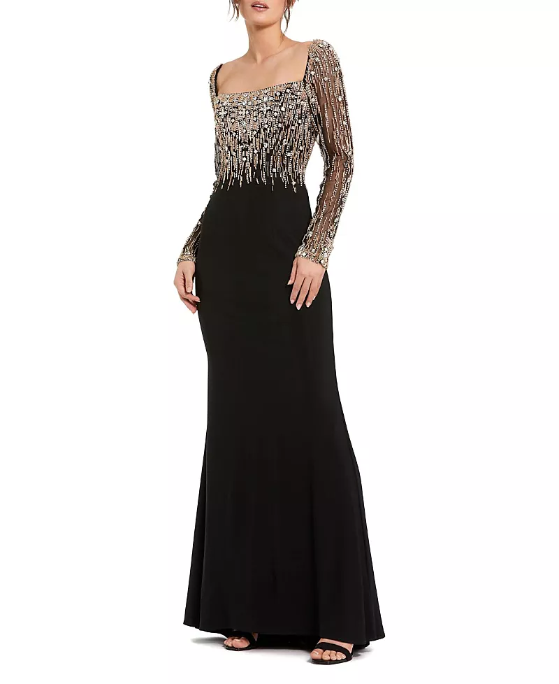Mac Duggal Petite Beaded Square Neck Long Sleeve Jersey Gown