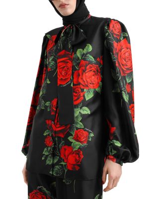 Rose Silk Tie Neck Blouse