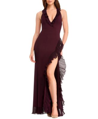 Dress The Population Kathleen Halter Plunge Ruffle Slit Gown In Dark Cherry
