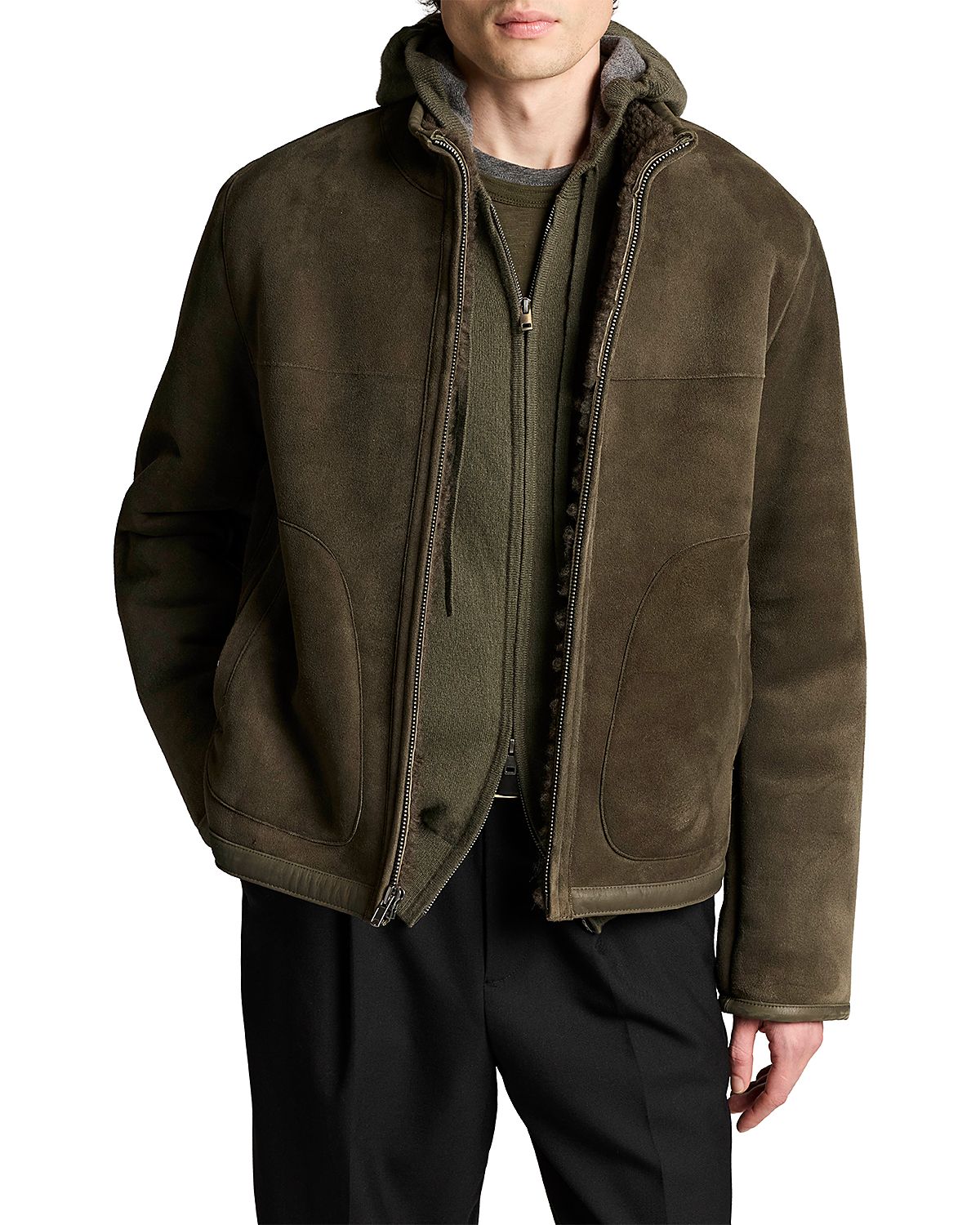 Vince Shearling Leather Funnel Neck Zip Jacket