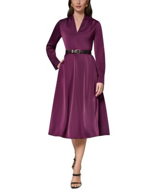 Satin A Line Belted Midi Dress
