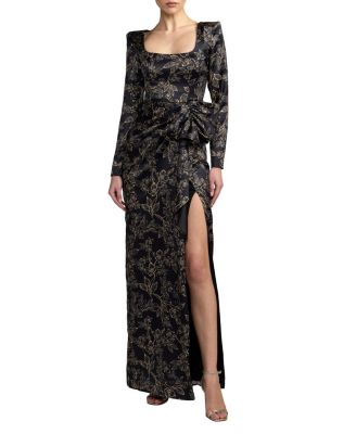Floral Printed Long Sleeve Gown With Bow