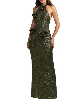  Halter Neck Sequin 3D Flower Column Gown