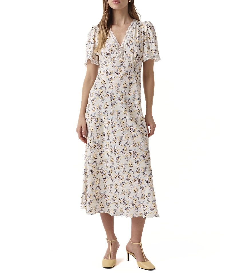 Ghost London Belle Lace Crepe V-Neck Midi Dress