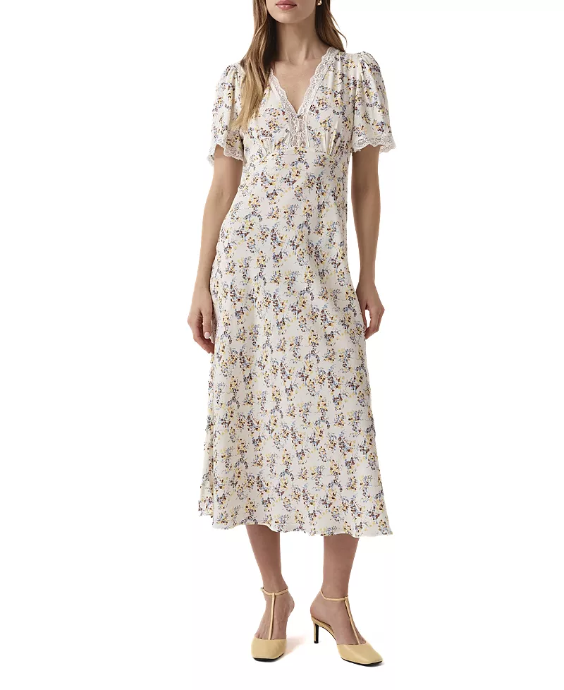 Ghost London Belle Lace Crepe V-Neck Midi Dress