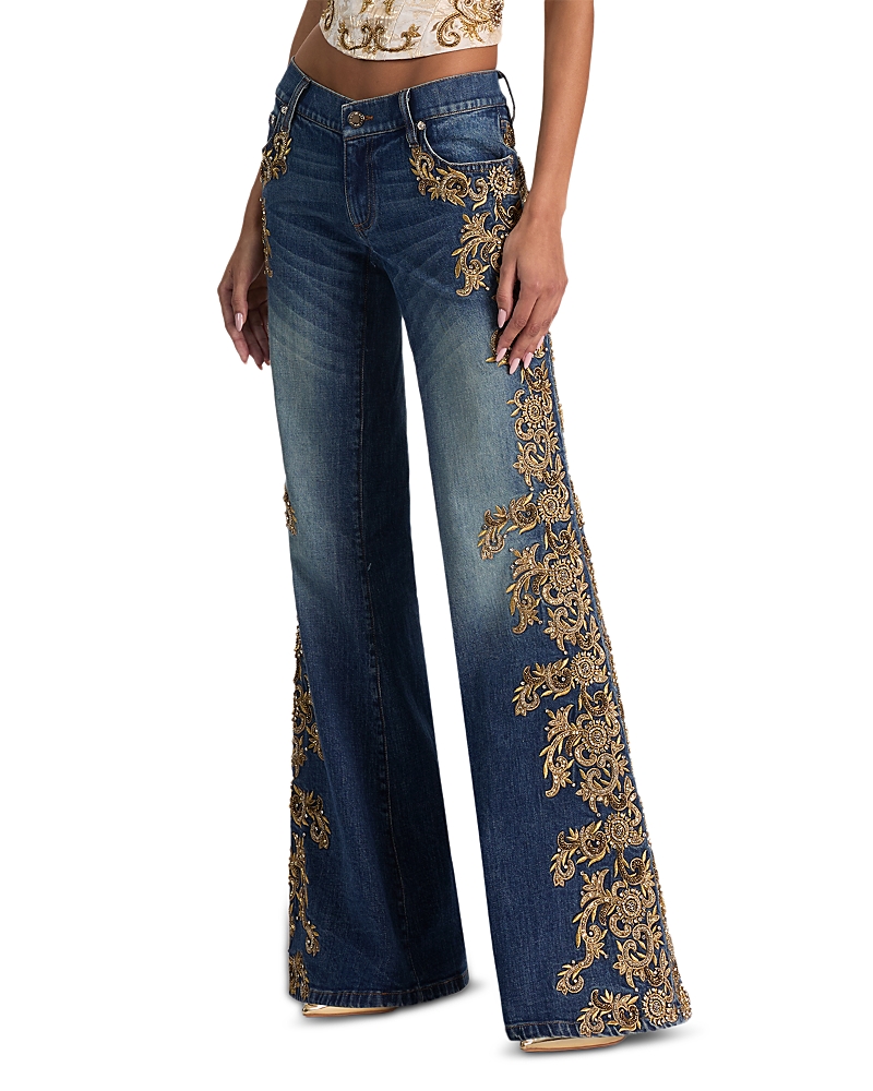 Alice and Olivia Emryn Embellished Ultra Low Rise Flare Jeans in Georgette Vintage