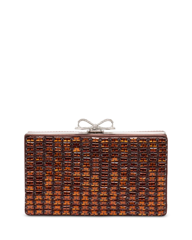 Self-Portrait Mini Crystal Chainmail Clutch in Brown
