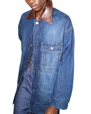 Pelota Leather Collar Cotton Blend Denim Shacket in Navy