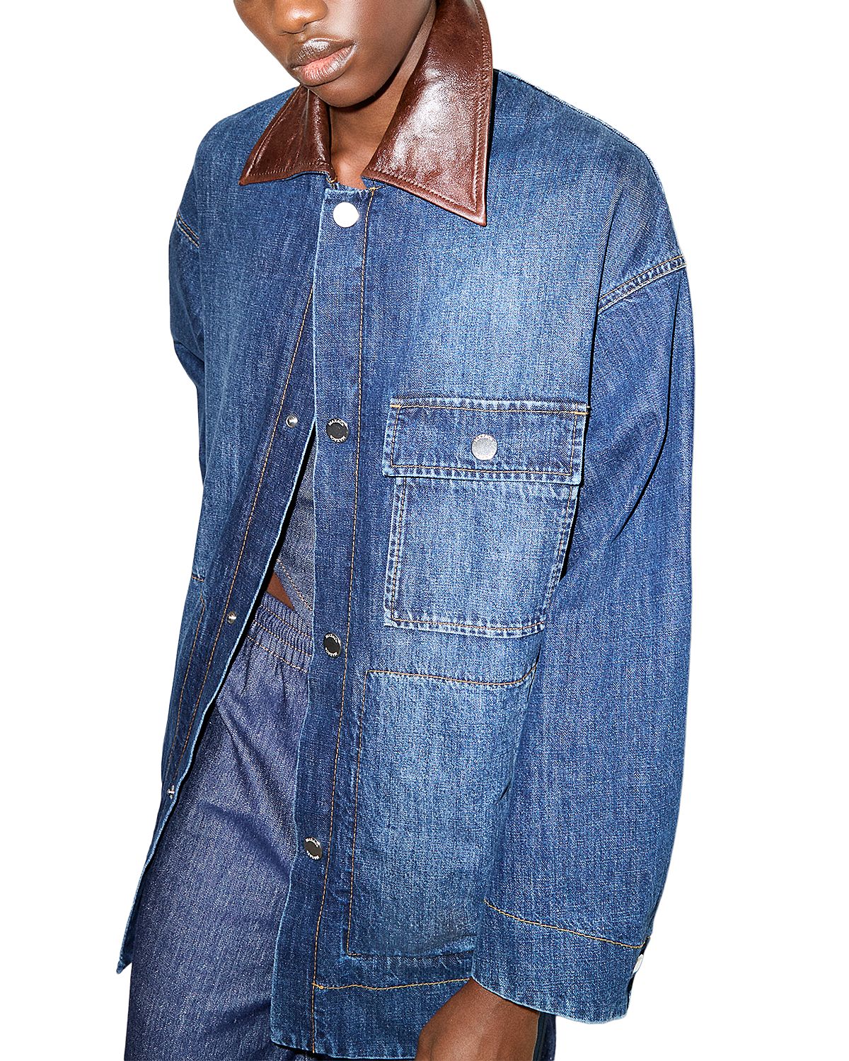 Max & Co. Pelota Leather Collar Cotton Blend Denim Shacket