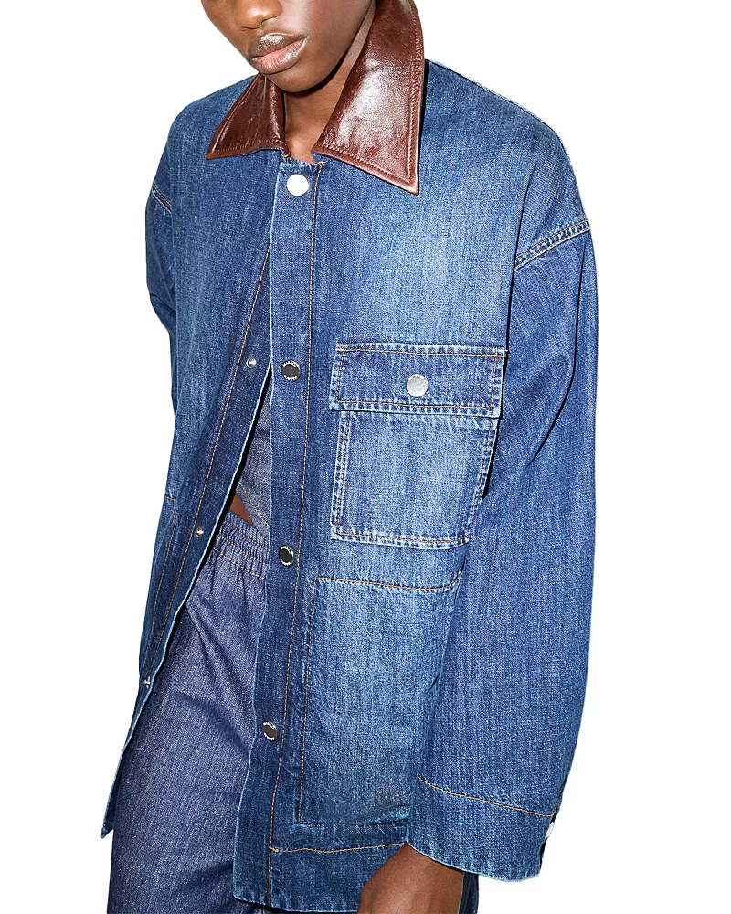 Max & Co. Pelota Leather Collar Cotton Blend Denim Shacket in Navy