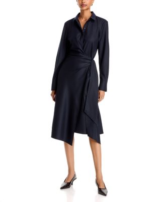 Wool Long Sleeve Wrap Midi Dress