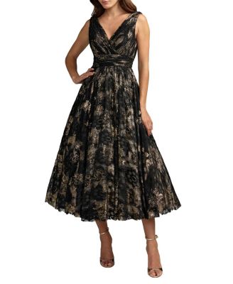 Mac Duggal Metallic Lace Sleeveless V-Neck Midi Dress