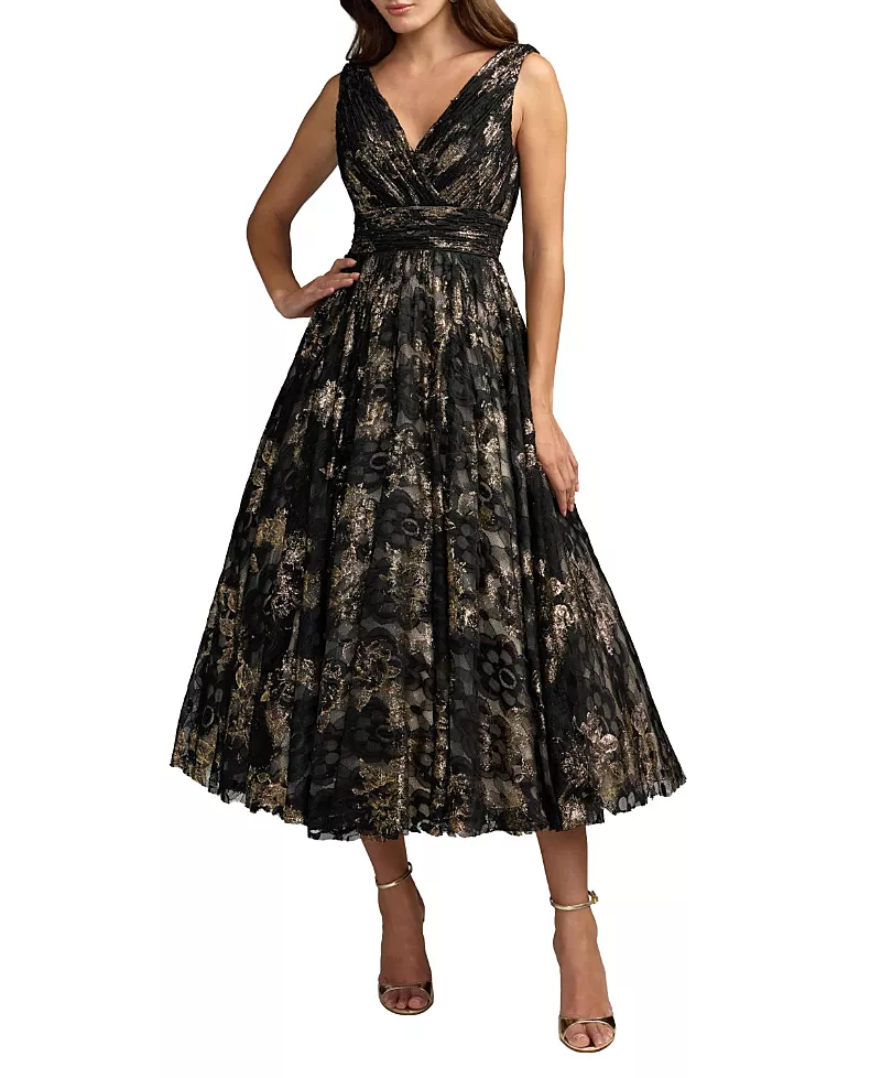 Mac Duggal Metallic Lace Sleeveless V-Neck Midi Dress