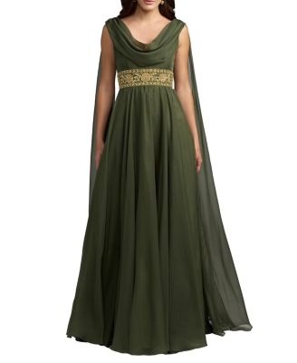  Cowl A-Line Gown With Beaded Belt