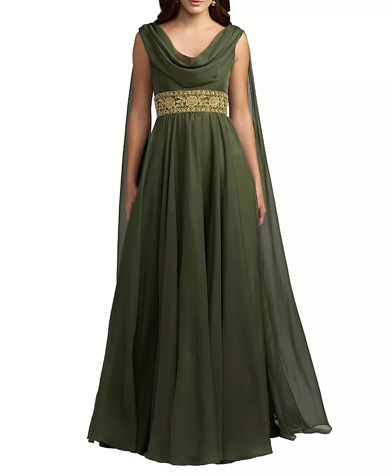 Mac Duggal Cowl A-Line Gown With Beaded Belt